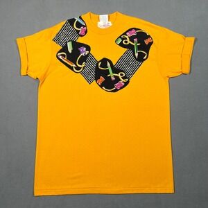 Vintage School Teacher Shirt Womens XL Yellow‎ Abstract Pencil Graphic 90s Retro
